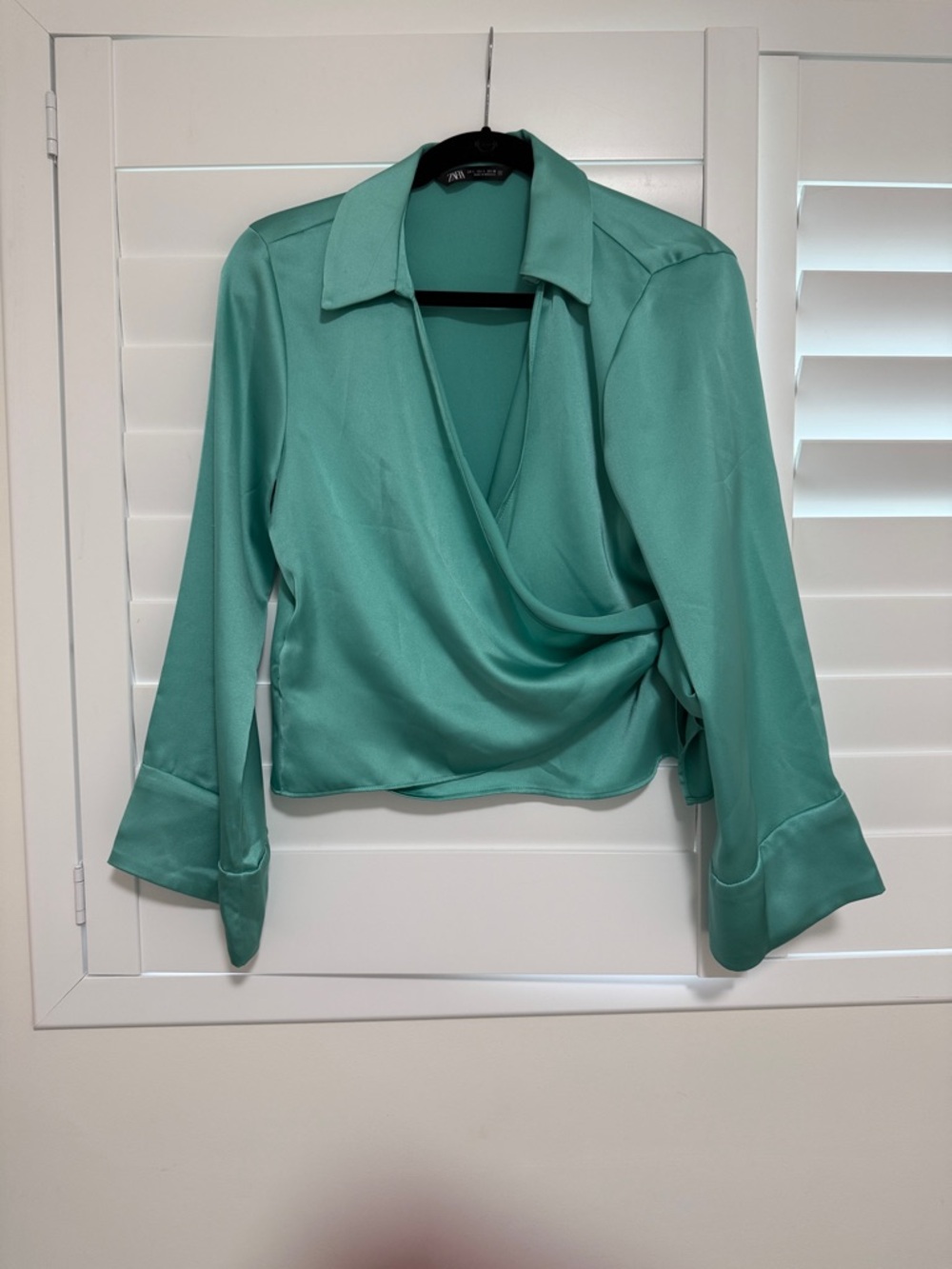 Zara Stunning Satin Teal Wrap-Style Blouse